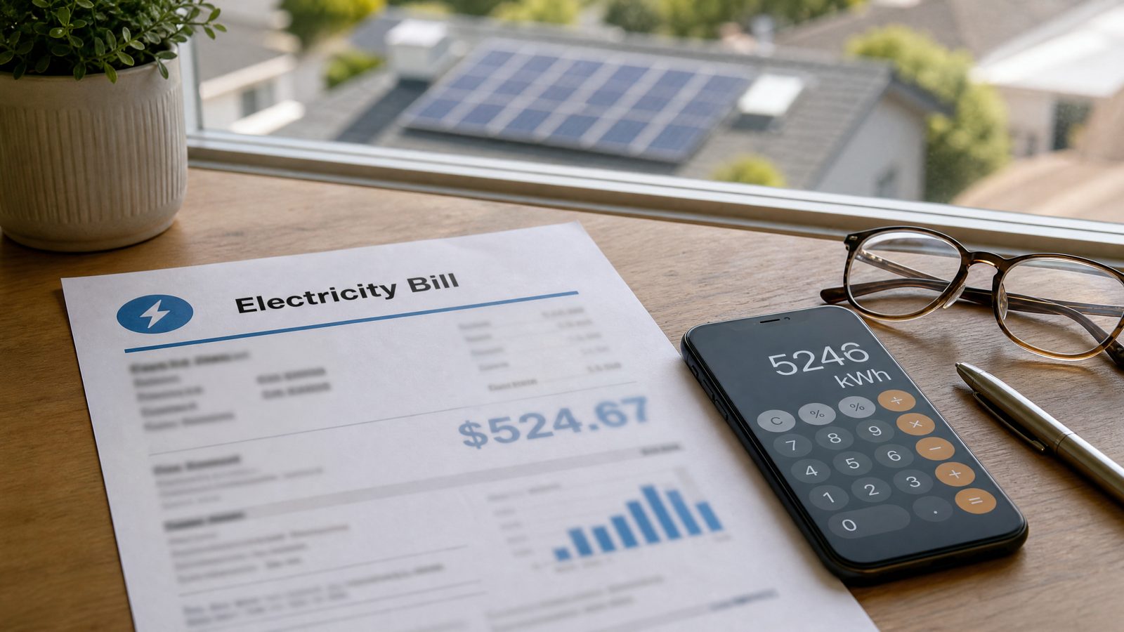 A printed electricity bill on a wooden desk next to a calculator showing a kWh reading, with rooftop solar panels visible through the window