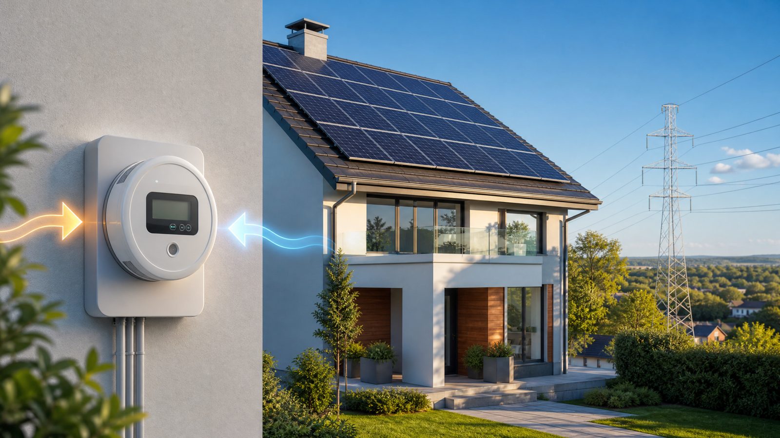 A modern house with rooftop solar panels under a clear blue sky, with a bidirectional smart electricity meter on the wall and arrows showing energy flowing to and from the grid