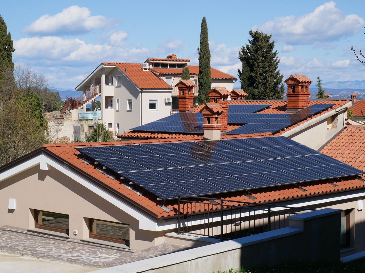 Rooftop solar panel array on a residential house