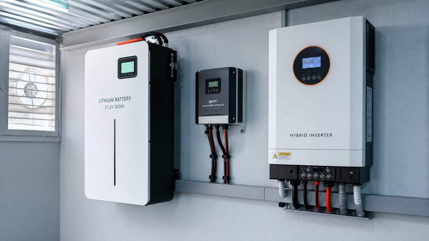 A wall-mounted lithium battery bank with a BMS display next to a solar charge controller and hybrid inverter in a ventilated utility room