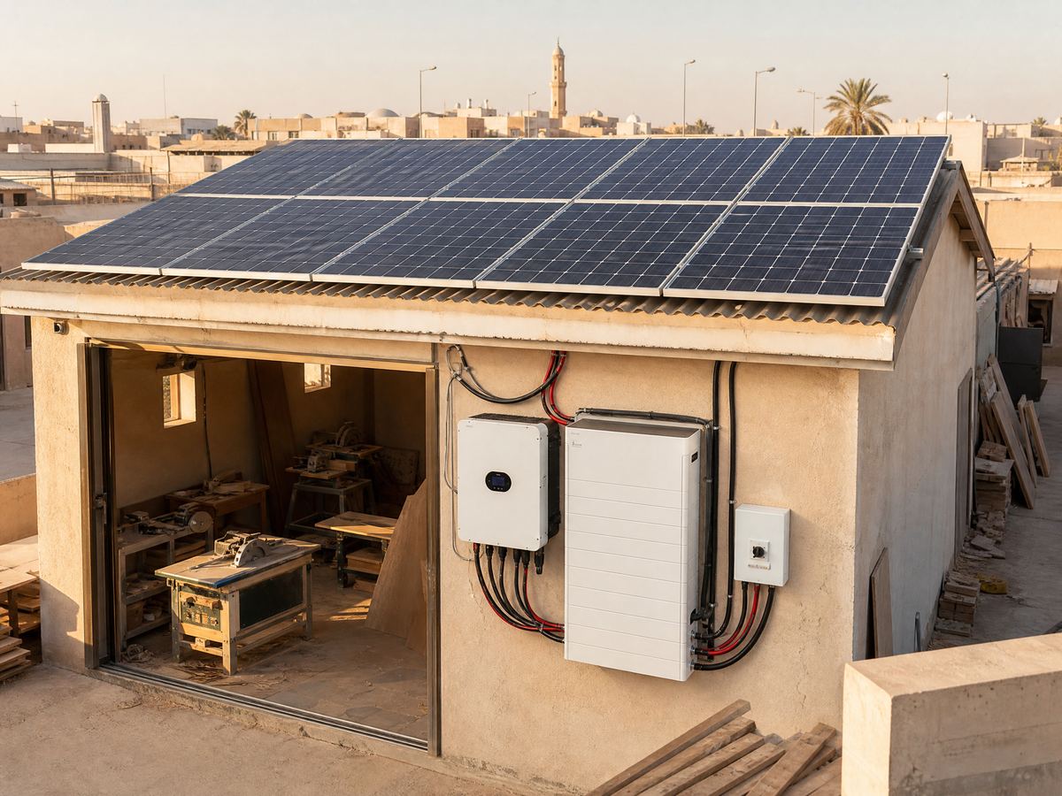 A 6kW hybrid solar system on a carpentry workshop rooftop with hybrid inverter and battery rack in Mafraq, Jordan