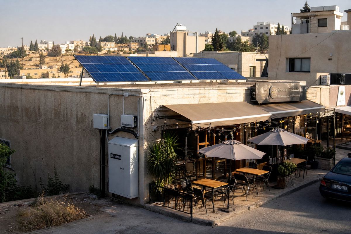 A 4kW hybrid solar system on a small cafe rooftop with battery cabinet in Mafraq, Jordan