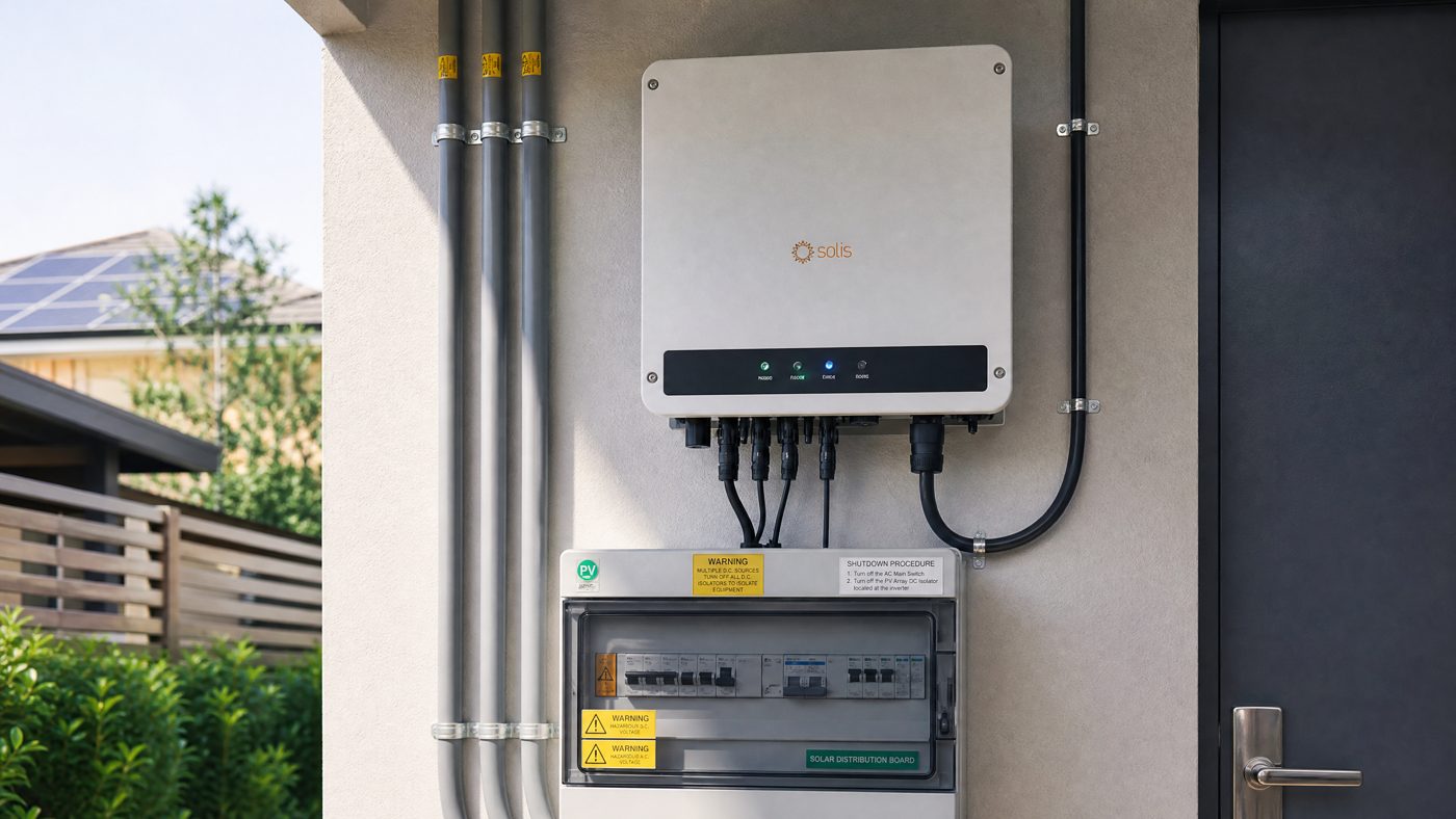 A wall-mounted solar string inverter with LED status indicators installed in a shaded utility area, with solar cables running from the roof and to the distribution panel