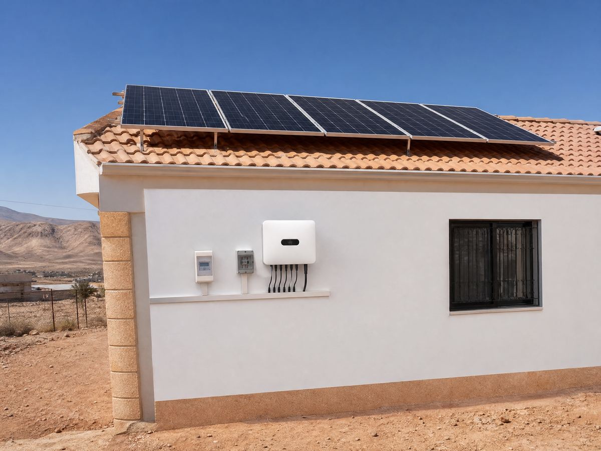 A 3kW grid-tied solar array on a family house rooftop with on-grid inverter in Ma'an, Jordan
