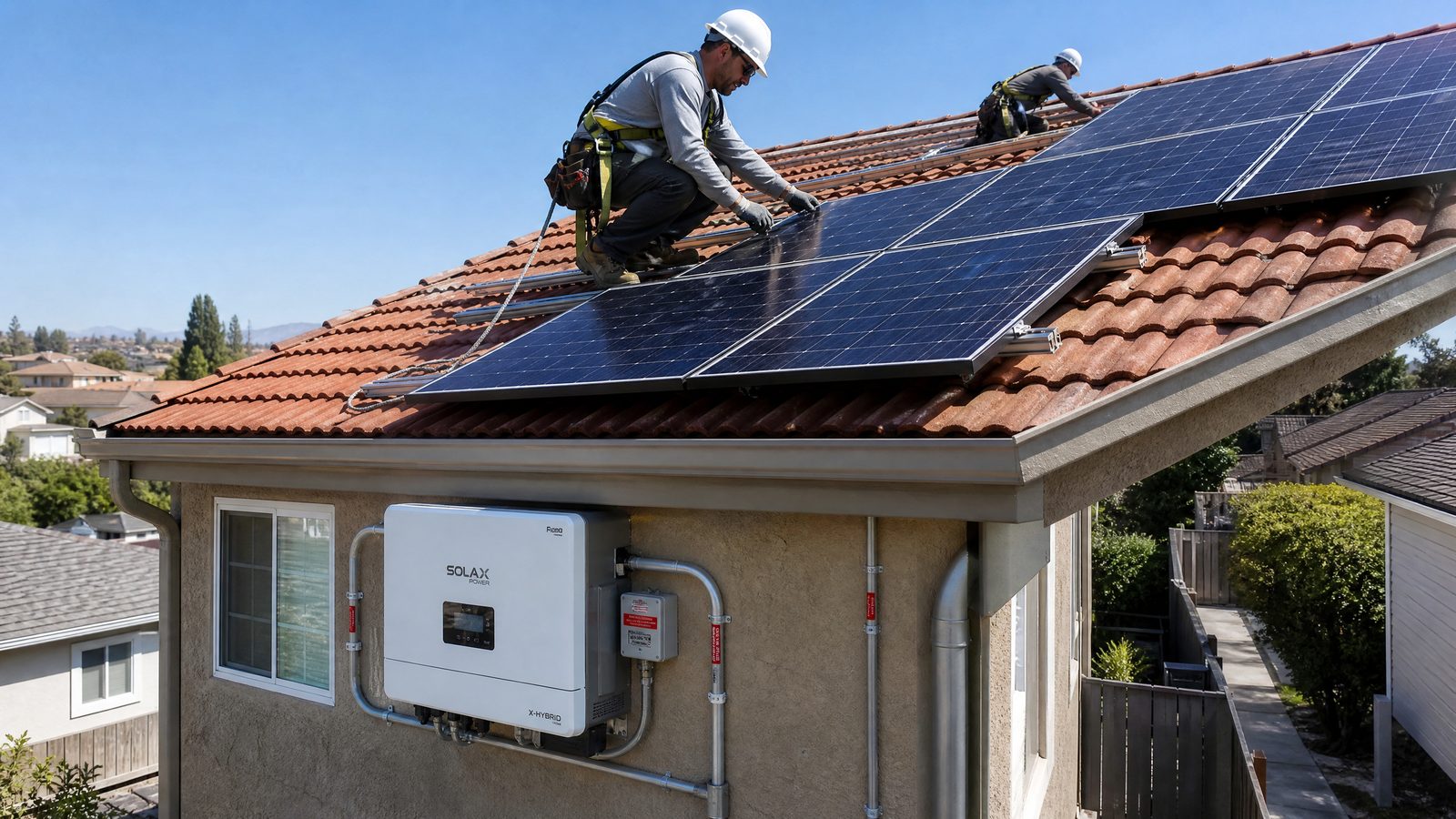 A rooftop solar installation in progress: panels mounted on rails, an inverter on the wall, and an installer checking the wiring