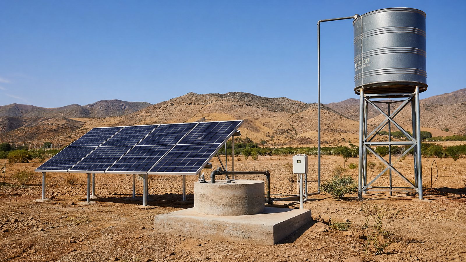 Solar water pump system in a field: photovoltaic panels mounted on a frame next to a water well, pumping water into an elevated storage tank through an irrigation pipe