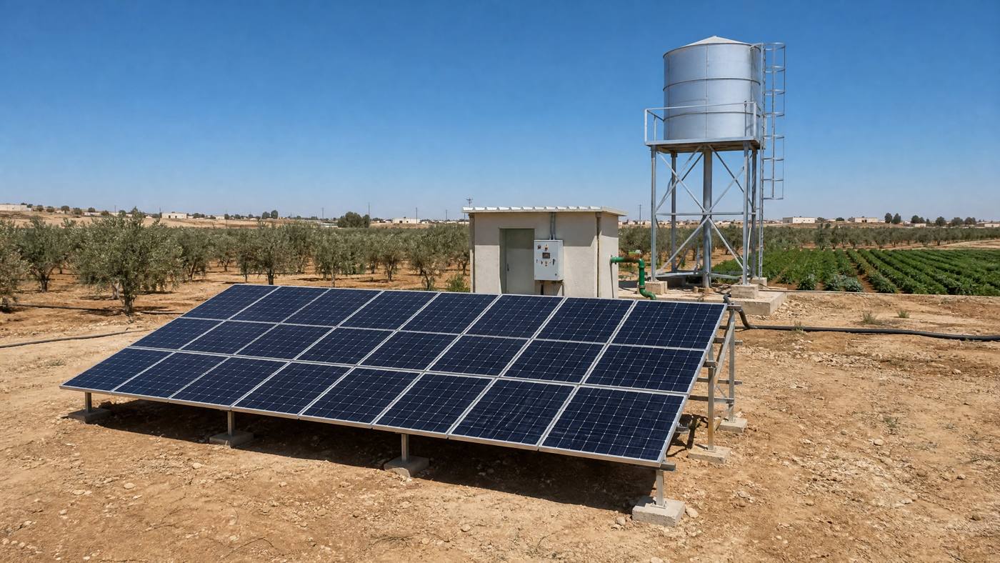 A 10kW solar array powering a submersible well pump on a farm in Mafraq, Jordan